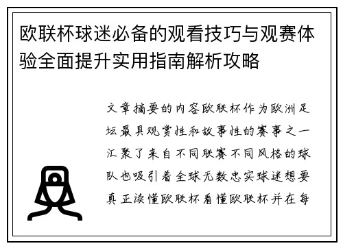 欧联杯球迷必备的观看技巧与观赛体验全面提升实用指南解析攻略